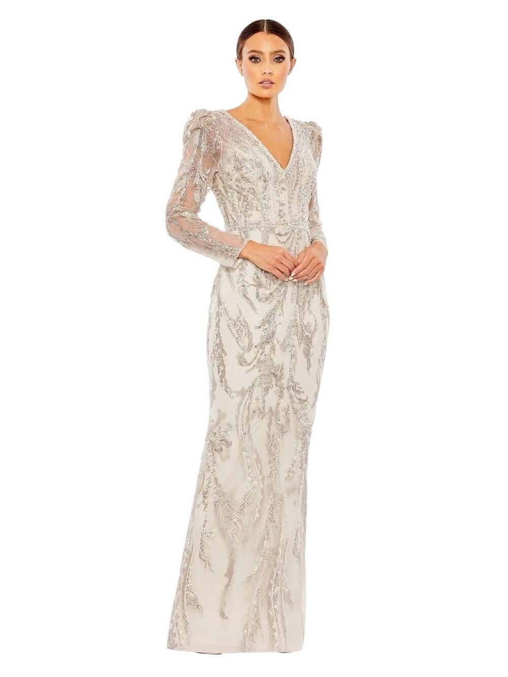 Mac Duggal 20349 Mocha Embroidered Beaded Sequins Long Sleeve Gown Size 12 $998